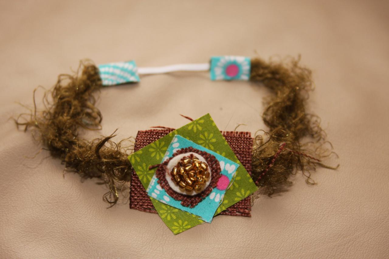 Headband -country Rustic - Green & Aqua Tones, Brown Burlap And Gold Beads Make This A Spectacular Halo/headband