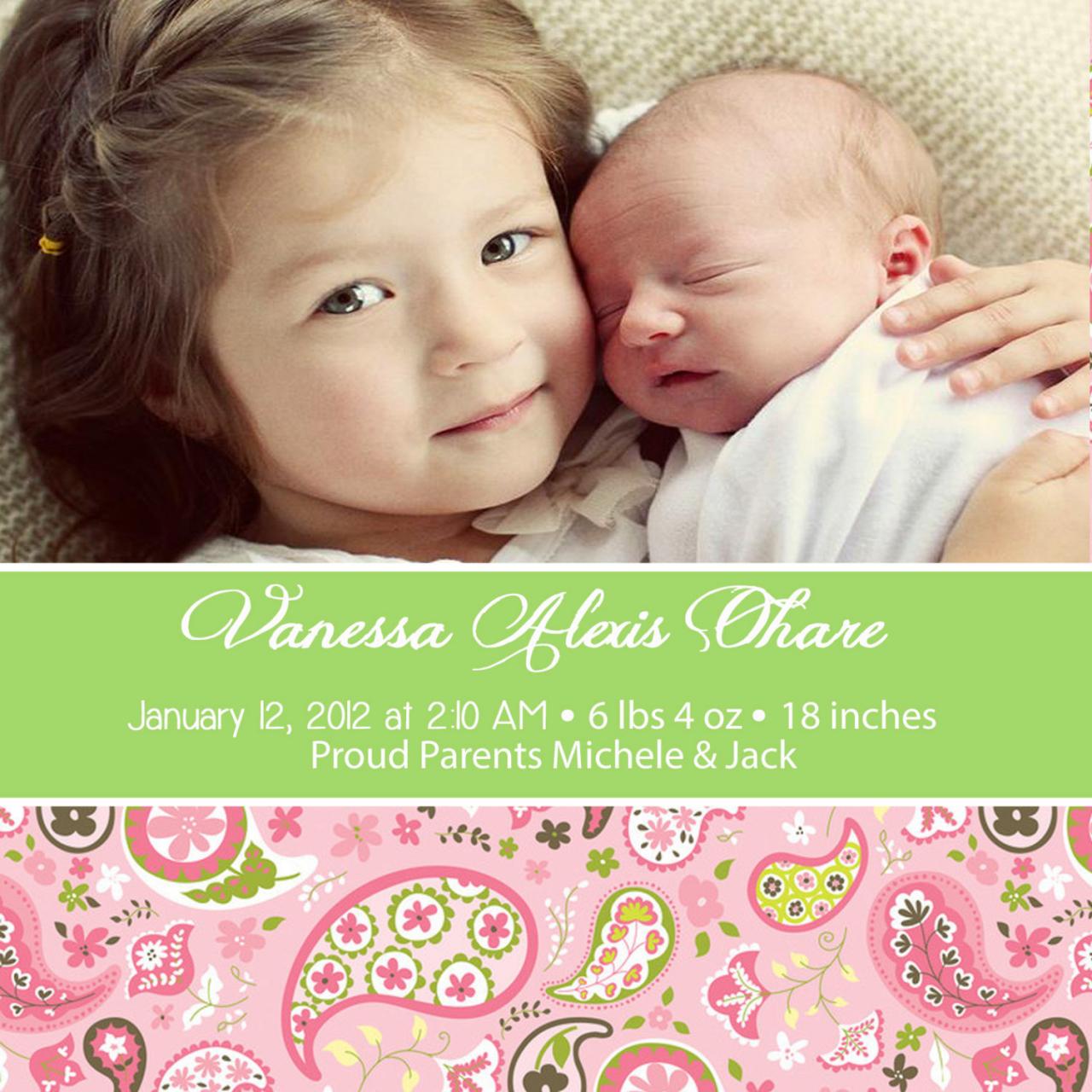 Birth Announcement-pink Paisely & Lime-5x5- 1 Sided