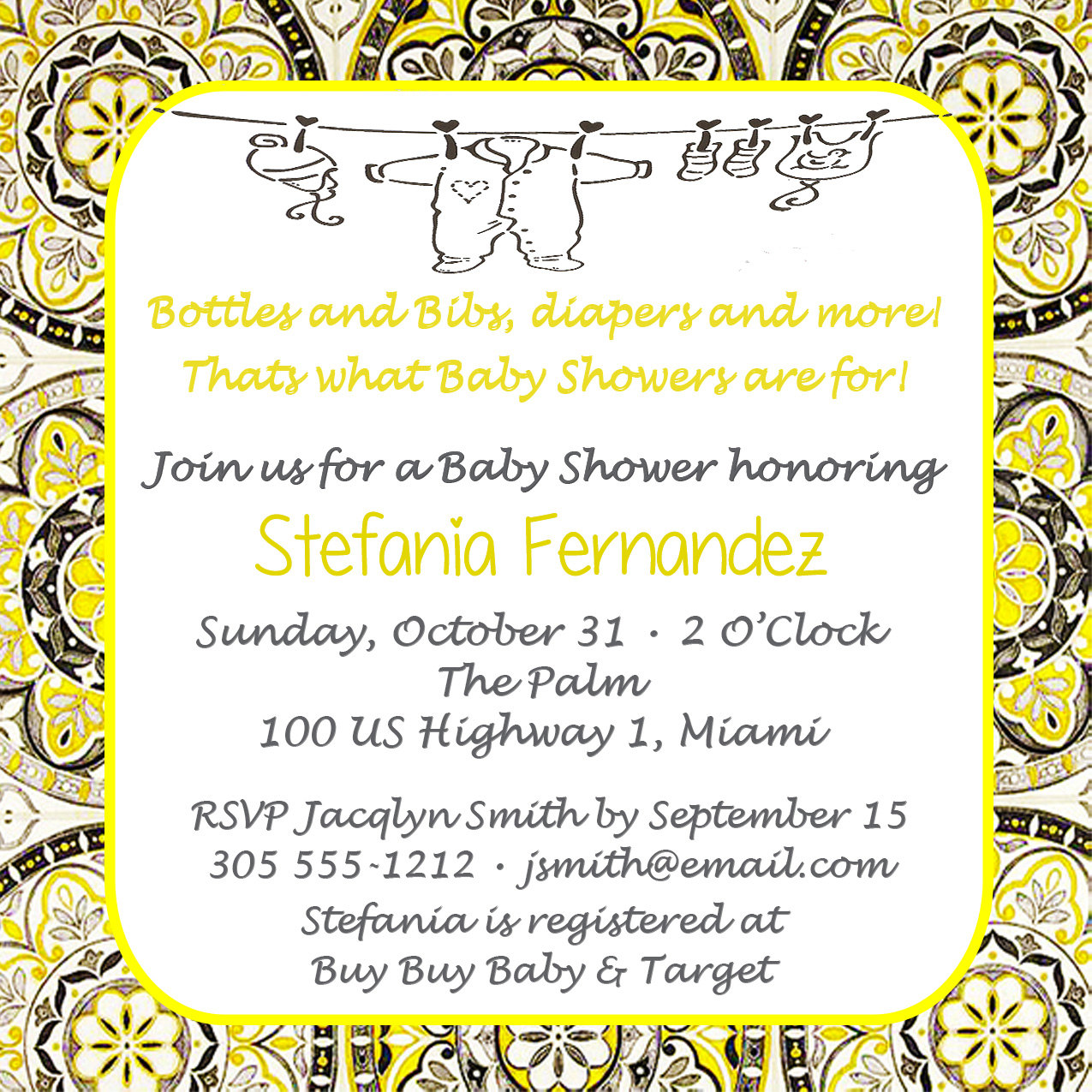 Baby Shower Invite -modern Clothes Line In Yellow-grey-black 5x5 -1 Sided