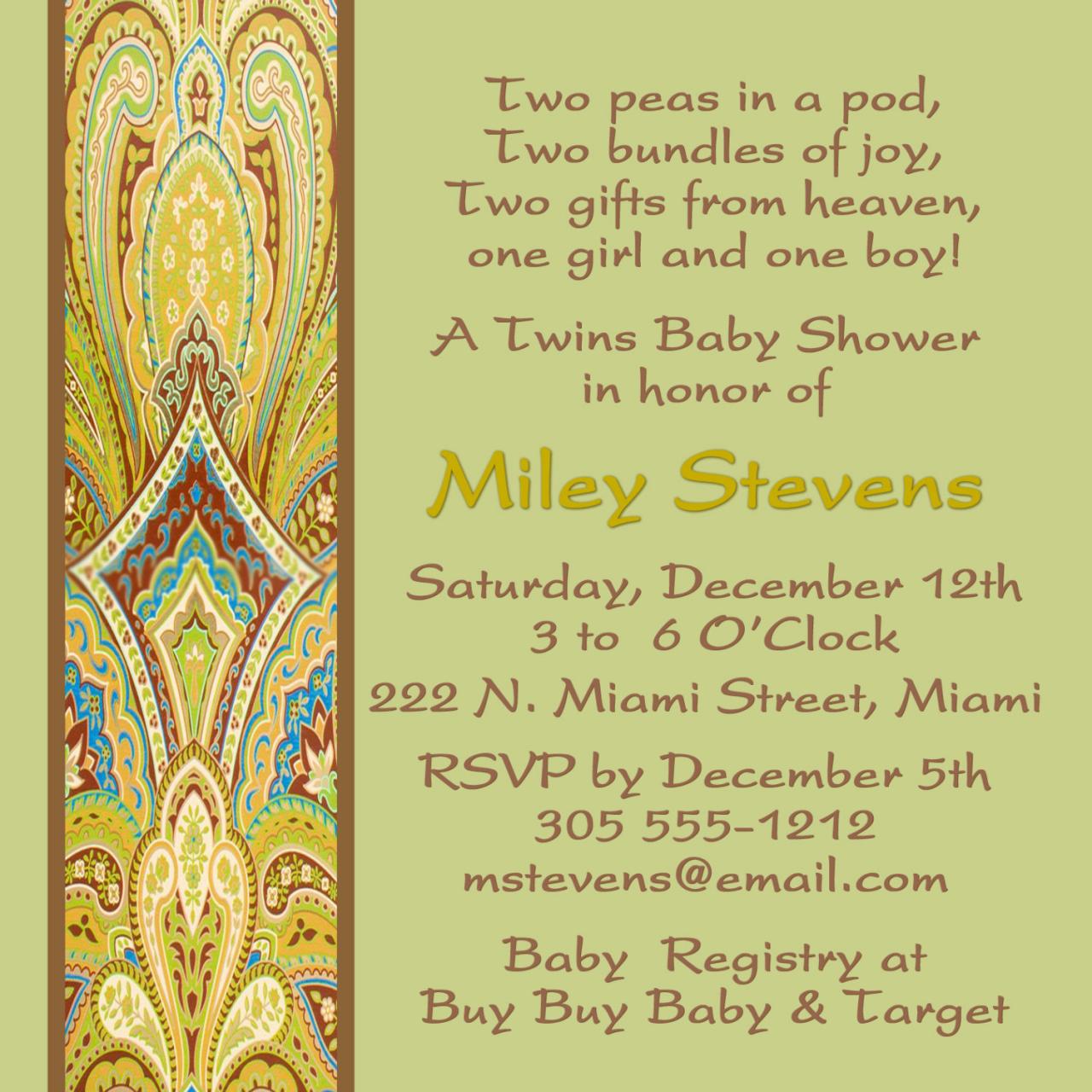 Baby Shower Invitation -twins -two Peas In A Pod 5 X 5 1 Sided