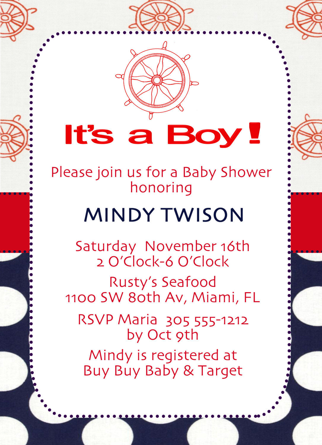 Baby Shower Invite - Nautical Wheel 5 X 7 -1 Sided