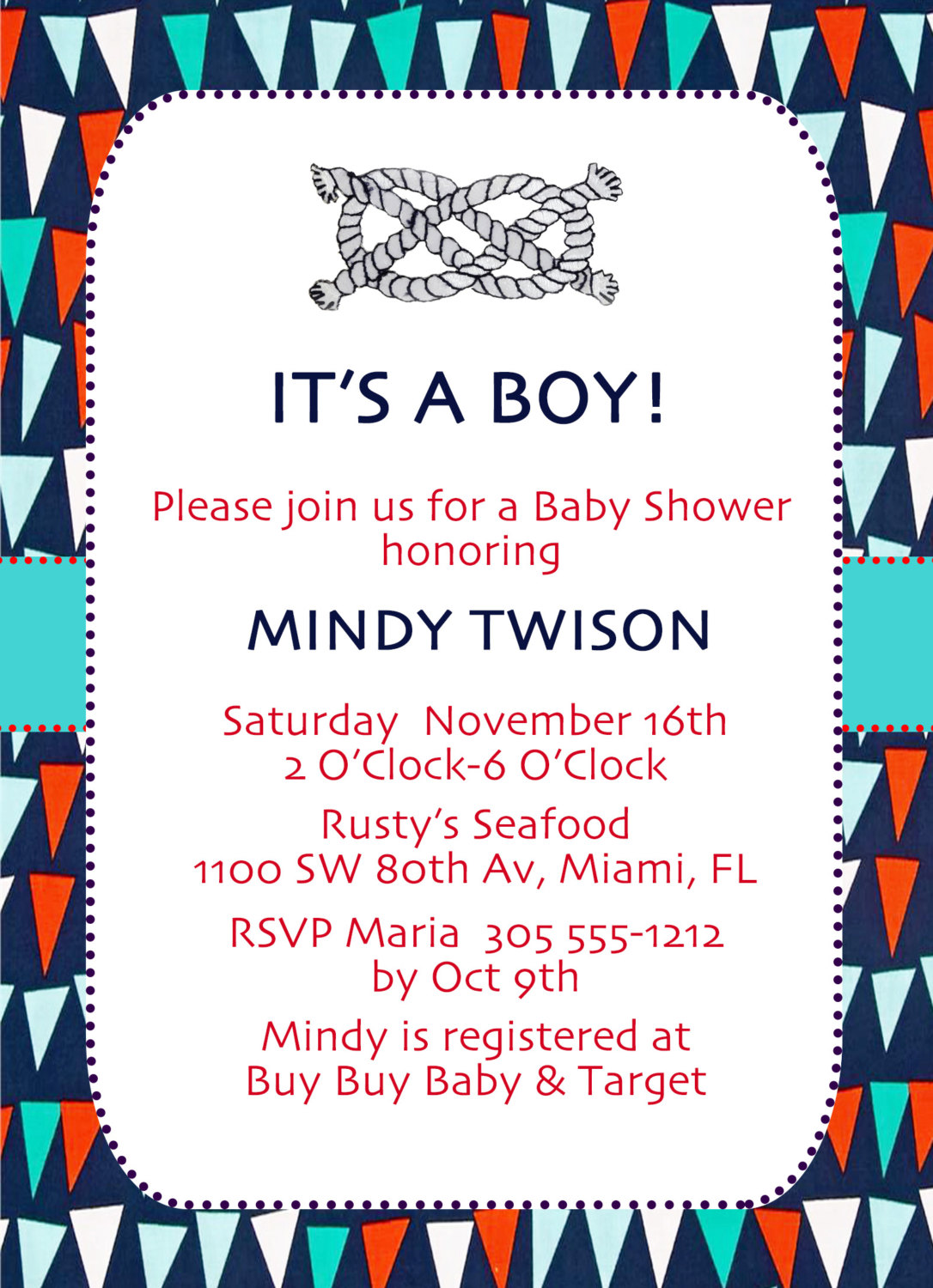 Baby Shower Invite - Flags & Knots 5 X 7 -1 Sided