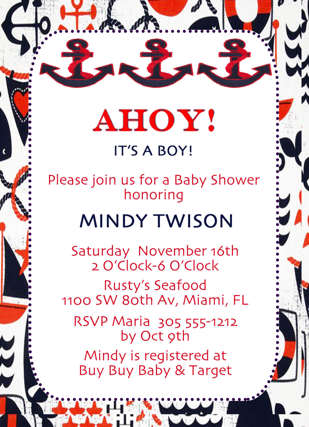 Baby Shower Invite - Ahoy! Ahoy! 5 X 7 -1 Sided