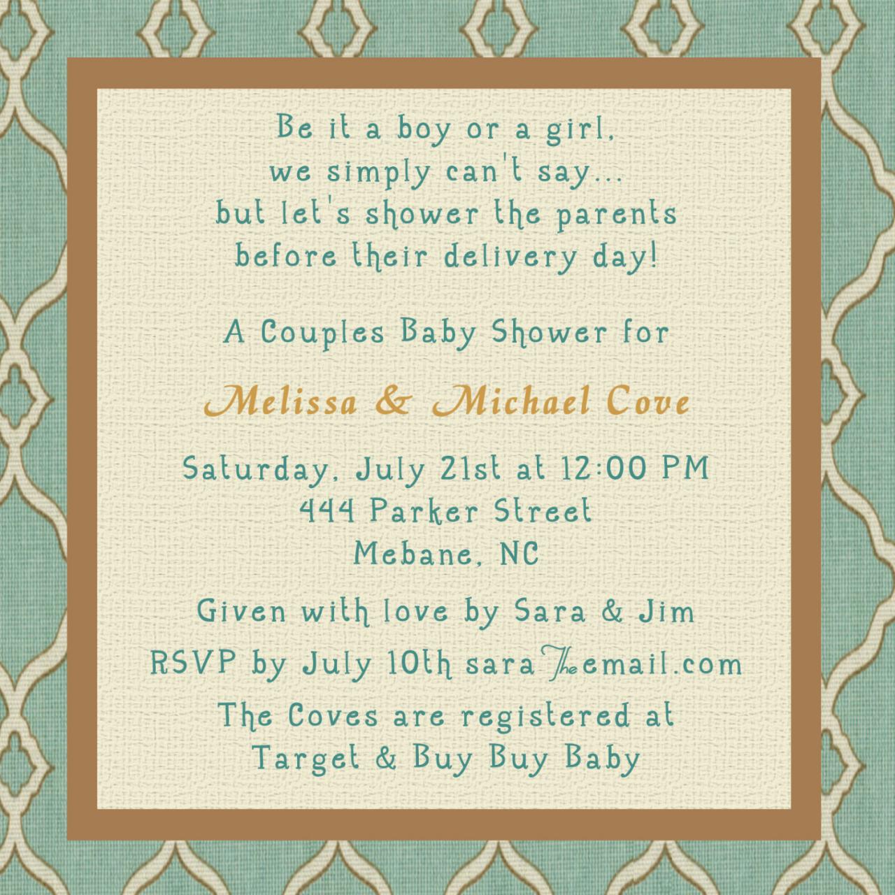 Baby Shower Invite - Elegance -couples 5 X 5 -1 Sided
