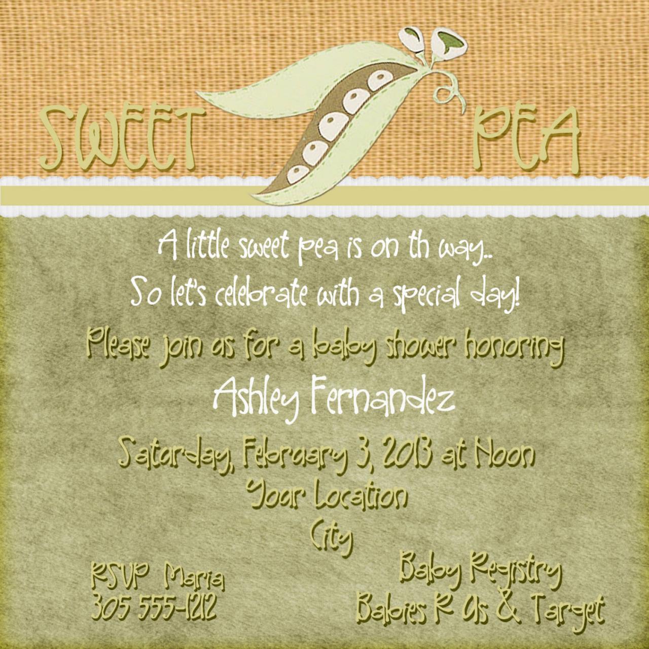Baby Shower Invitation -sweet Pea Rustic 5 X 5 -1 Sided