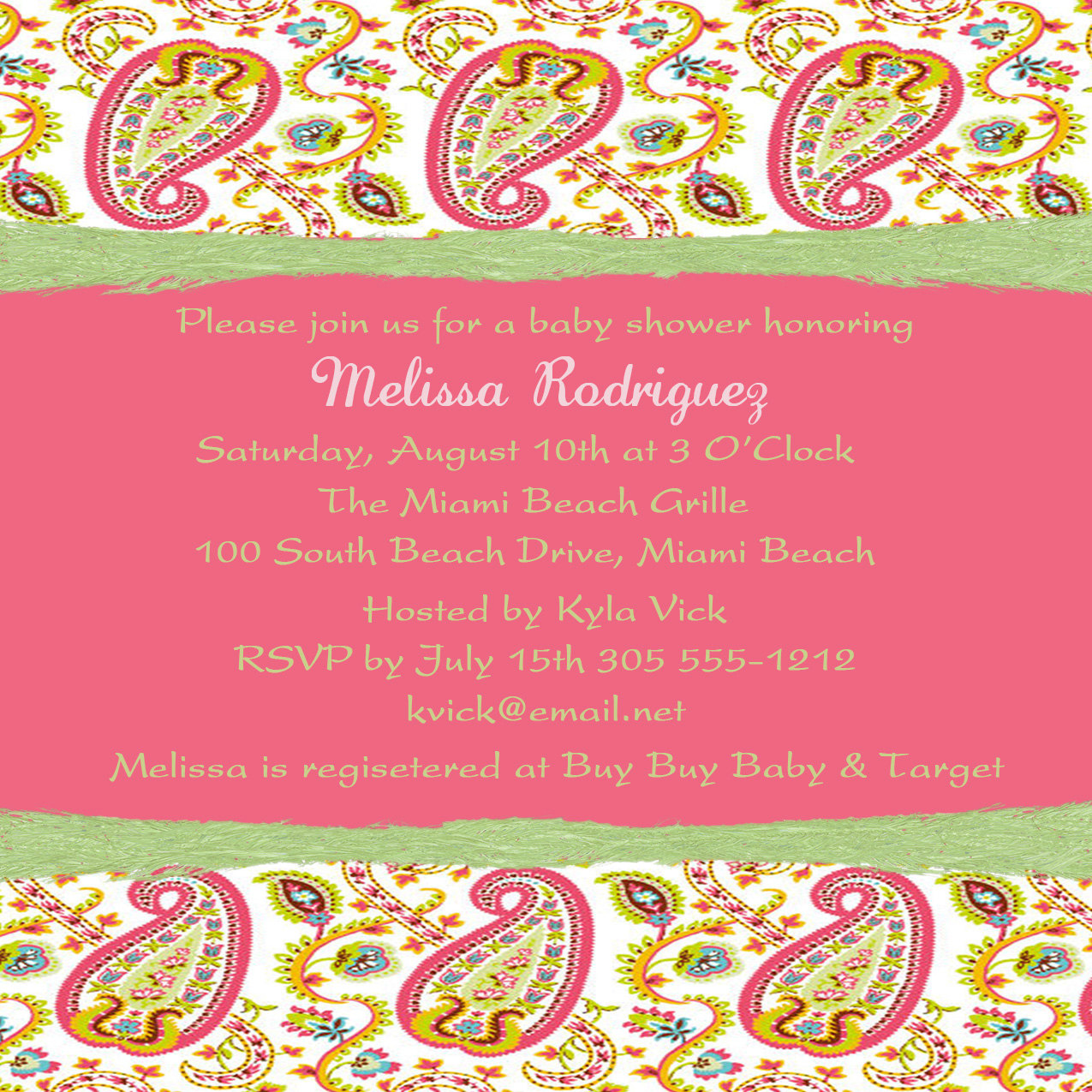 Baby Shower Invite-pink & Lime Paisley 5 X 5-1 Sided
