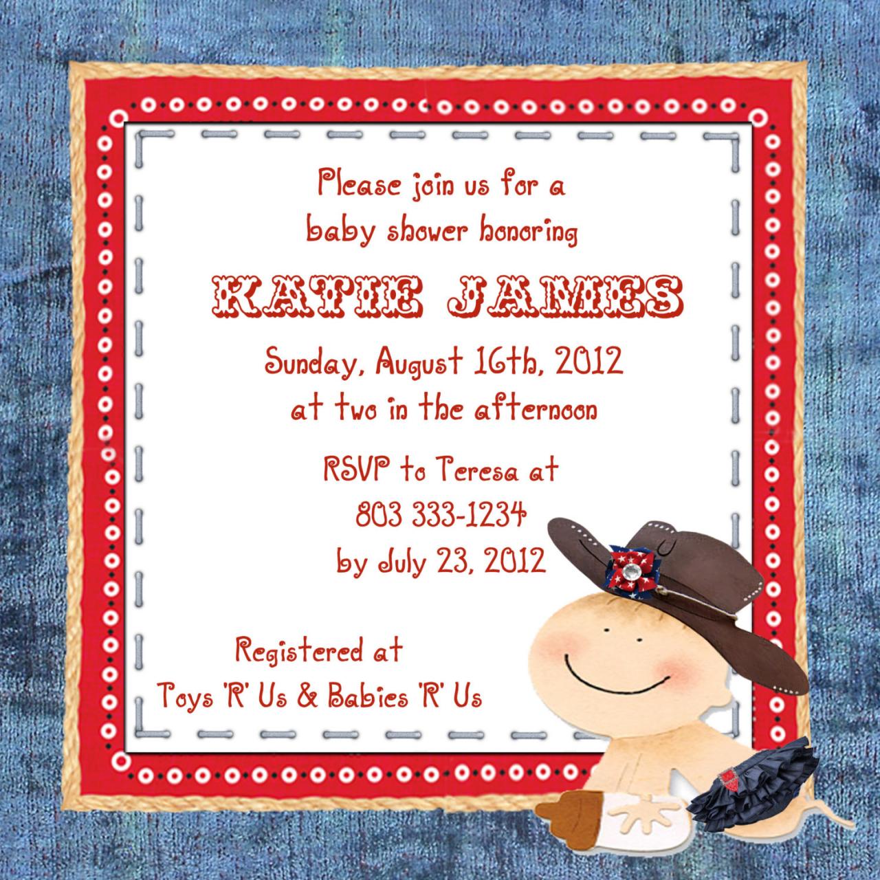 Baby Shower Invite-cowgirly 5 X 5 -2 Sided