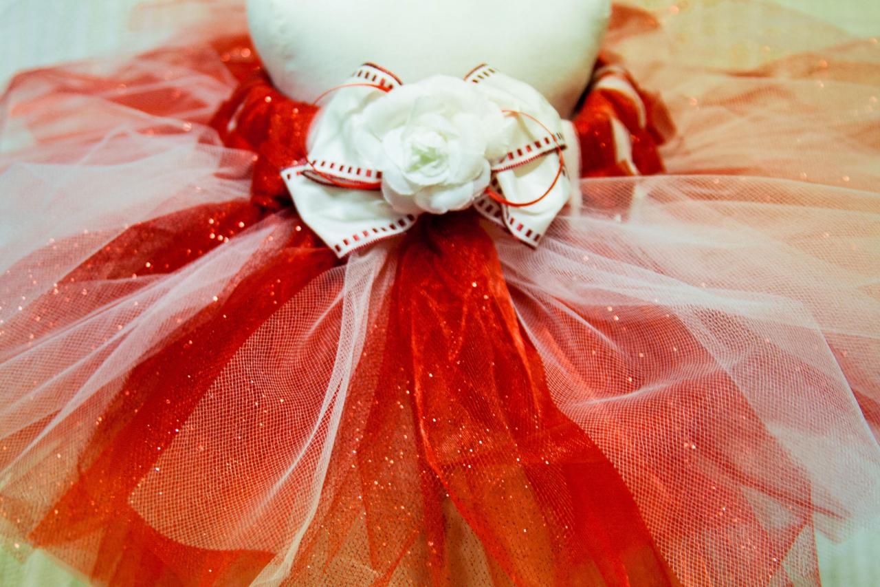 Holiday-christmas-tutus-candy Canetutu In Red Glitter Tulle, Organza & Cream Tulle